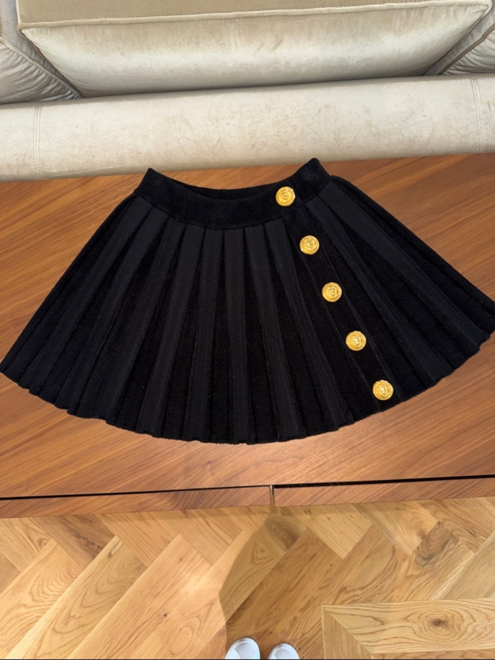 Balmain Black Pleated Skater Mini Skirt with Gold Buttons
